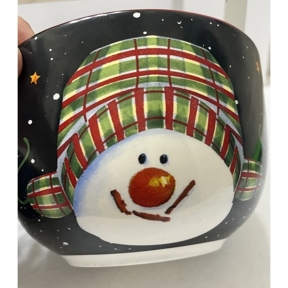 Christmas Snowman Bowls Ceramic Set Of 4 Black Background Multicolor 3.75x5.5